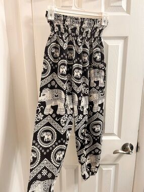 Black & White Elephant Print Smocked Waist Joggers
